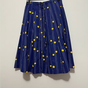 Vintage Peter Popovitch Blue With Yellow Flowers Pleated Button Down Skirt